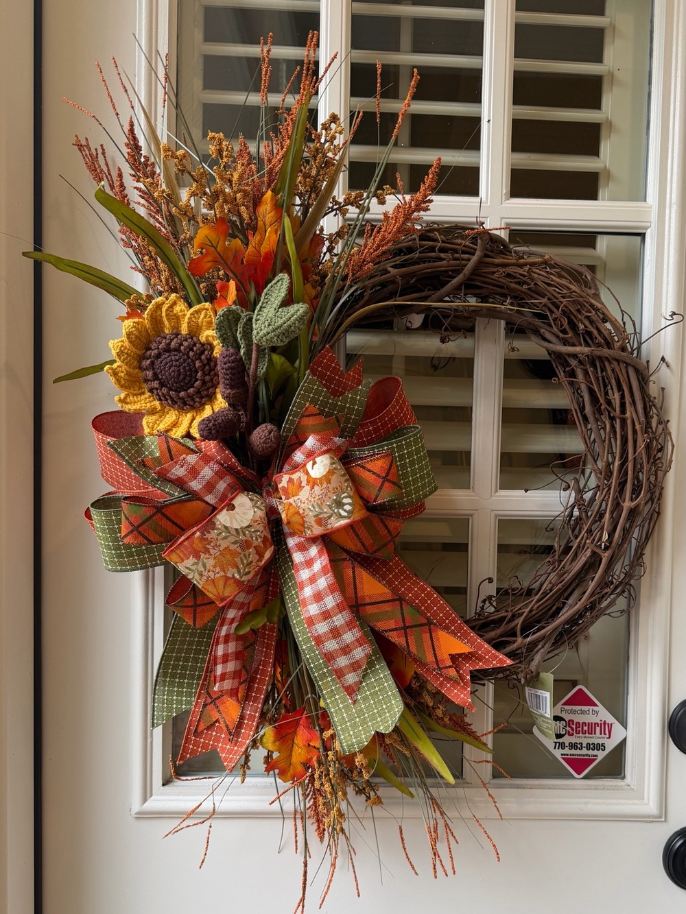 Autumn Sunflower Grapevine Wreath with Rustic Bow - Orange & Green